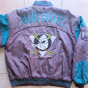 Anaheim Mighty Ducks 90s STARTER Color Block 1/2 jacket "M" purple teal NHL vtg